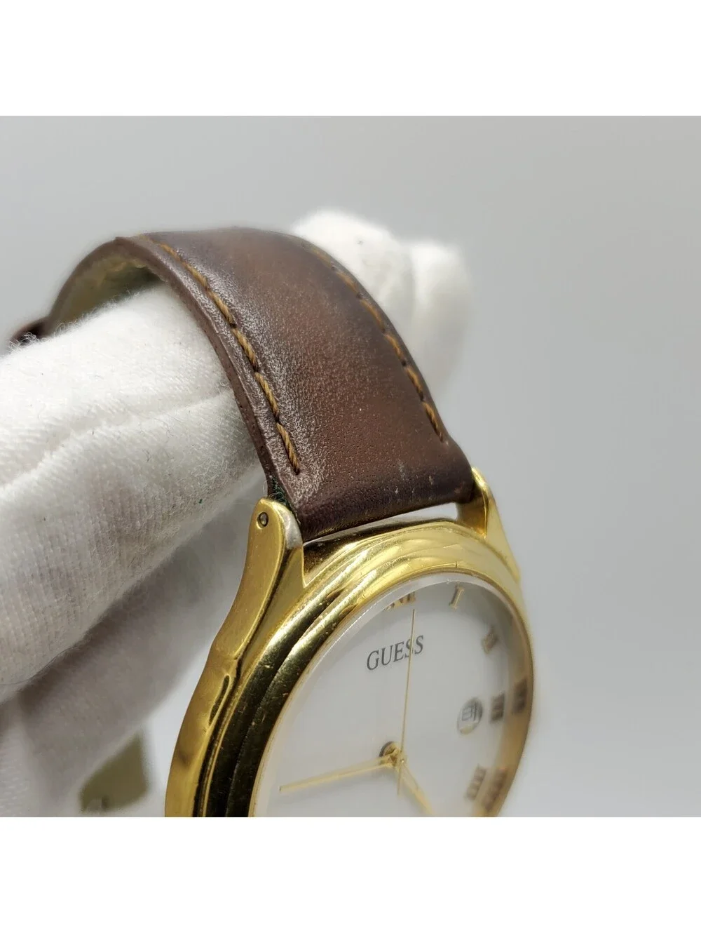 1992 Guess Watch For Parts Or Repair Gold Tone White Date Dial